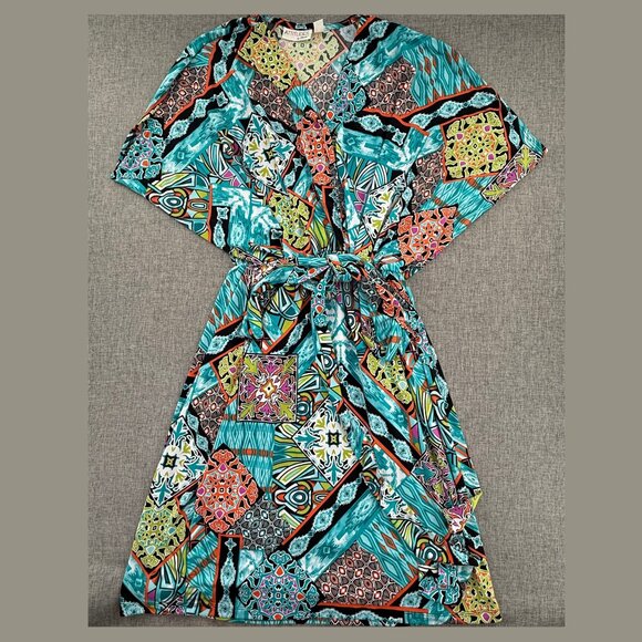Attitudes By Renee Dress Belted Multicolor V-Neckline medium Dolman Sleeves - Picture 1 of 13